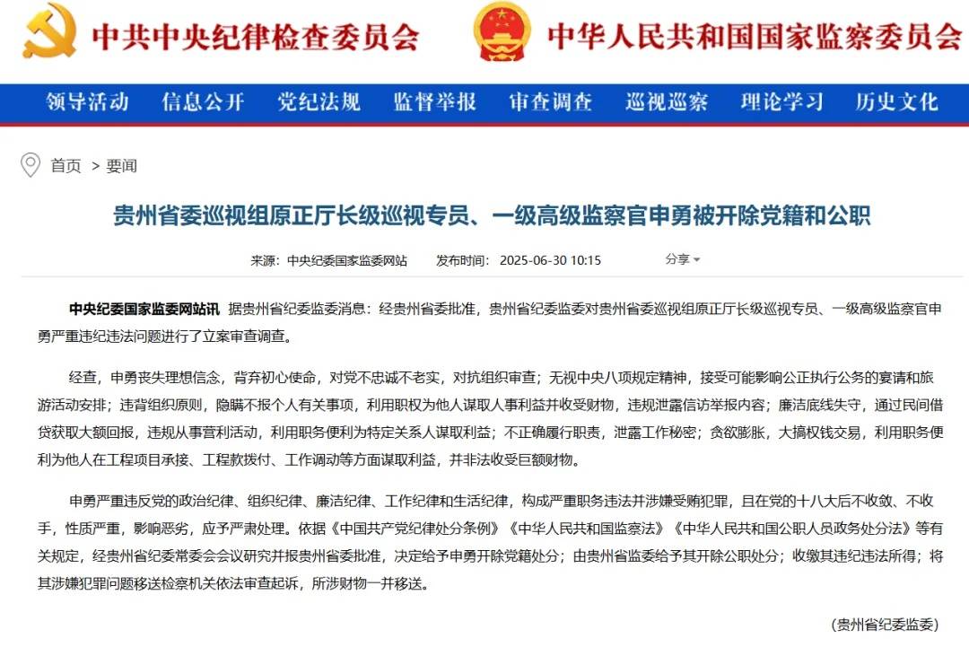 违规泄露信访举报内容！贵州省委巡视组原正厅长级巡视专员申勇被“双开”